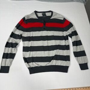 John Bartlett Consensus Henley Sweater L Gray Red Striped Preppy Minimalist
